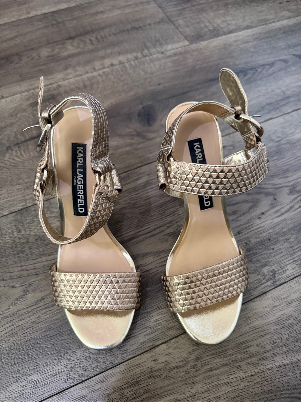 Karl Lagerfeld Metallic Gold Textured Ankle-Strap Sandals